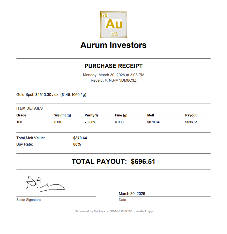Digital gold buying receipt with signature capture, item details, and photo proof